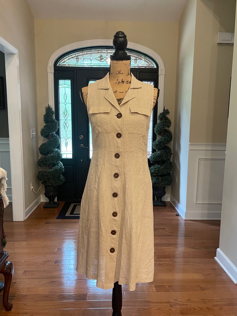 Ellison Women's Sleeveless Linen Button Down Collared Heathered Tan Shirt Dress